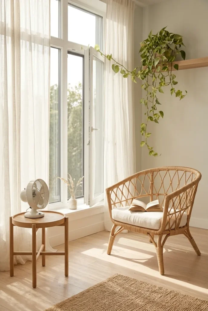 Summer reading nook with accent chair pulled away from window for heat management, small desk fan on side table beside the seat.