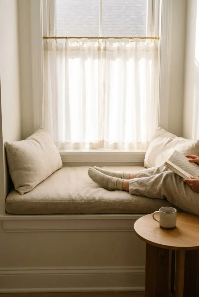 Sunlit window seat reading nook with linen cushion, sheer curtain, and side table.