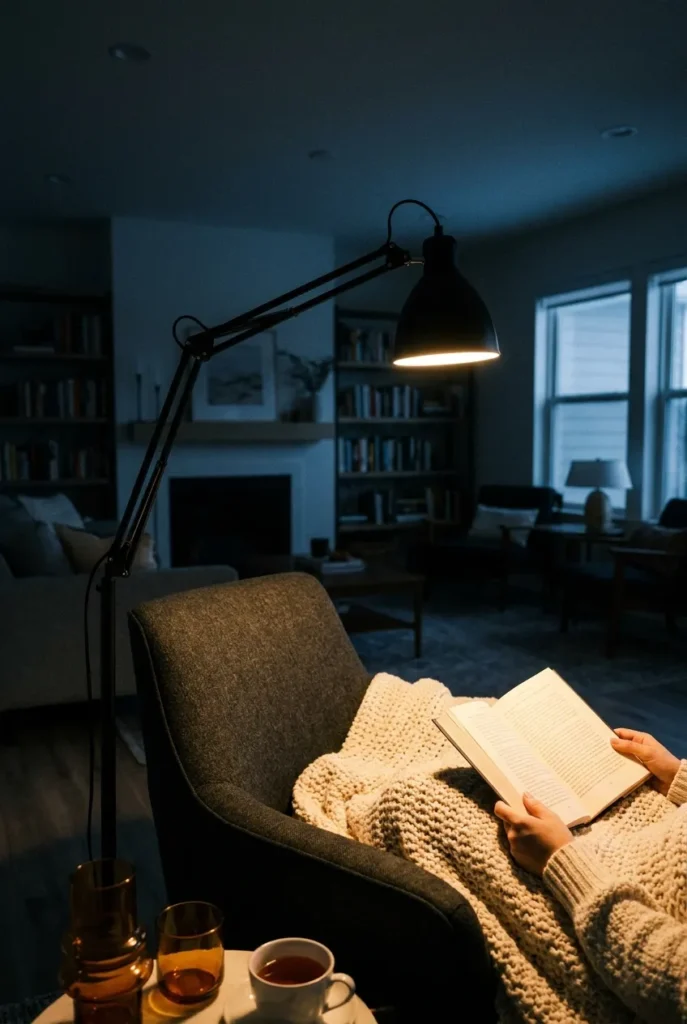Swing-arm floor lamp with a warm 2700K bulb lighting a reading area in an open-plan living room at night.