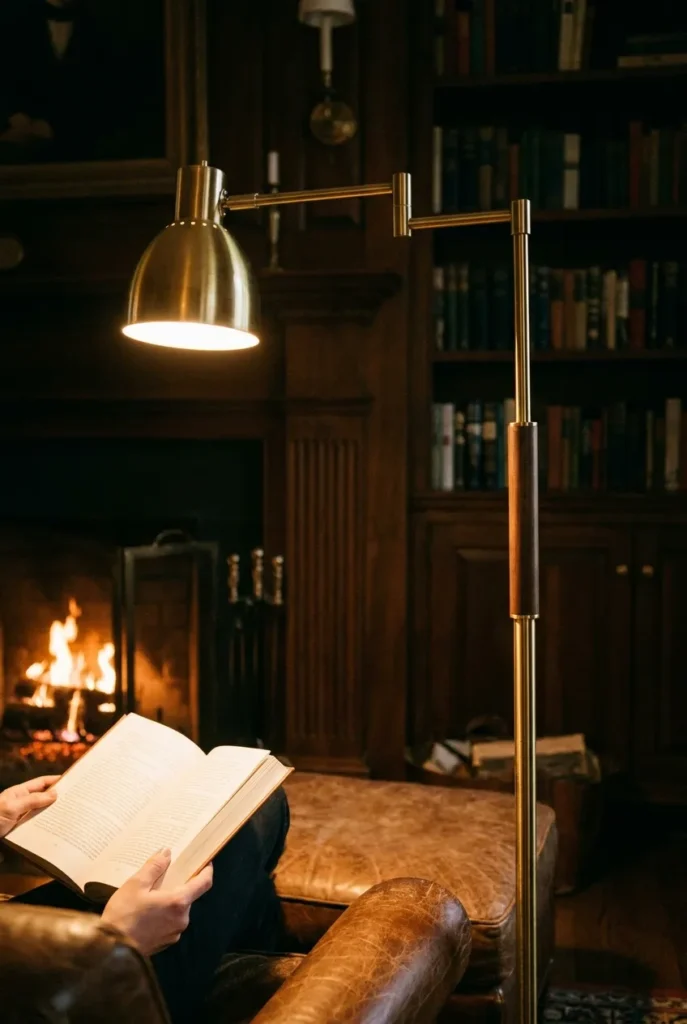 Swing-arm lamp casting warm 2700K light on a book in a fireplace reading nook at night.