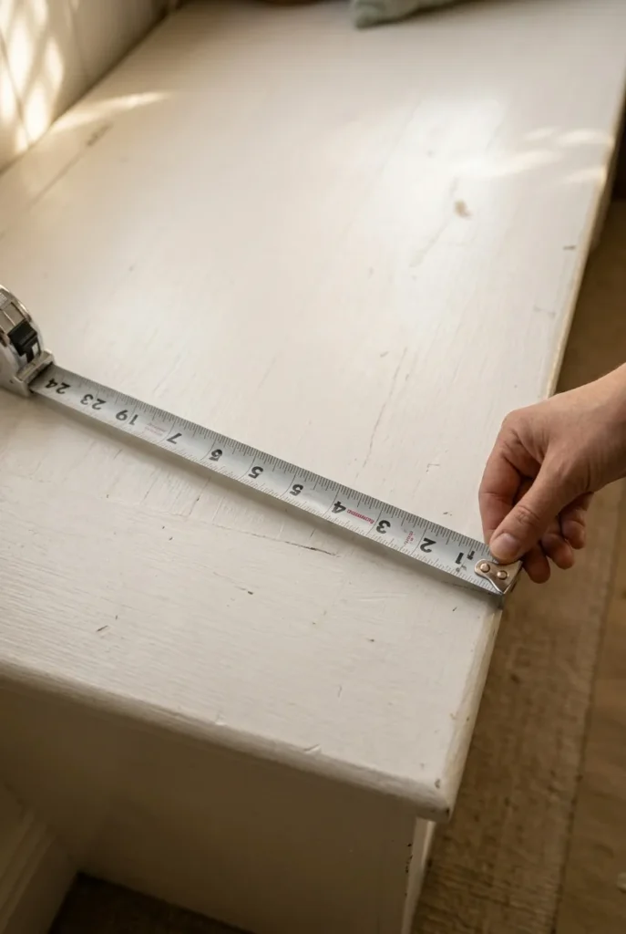 Tape measure across a white wood bench top showing how to size a reading nook bench cushion.