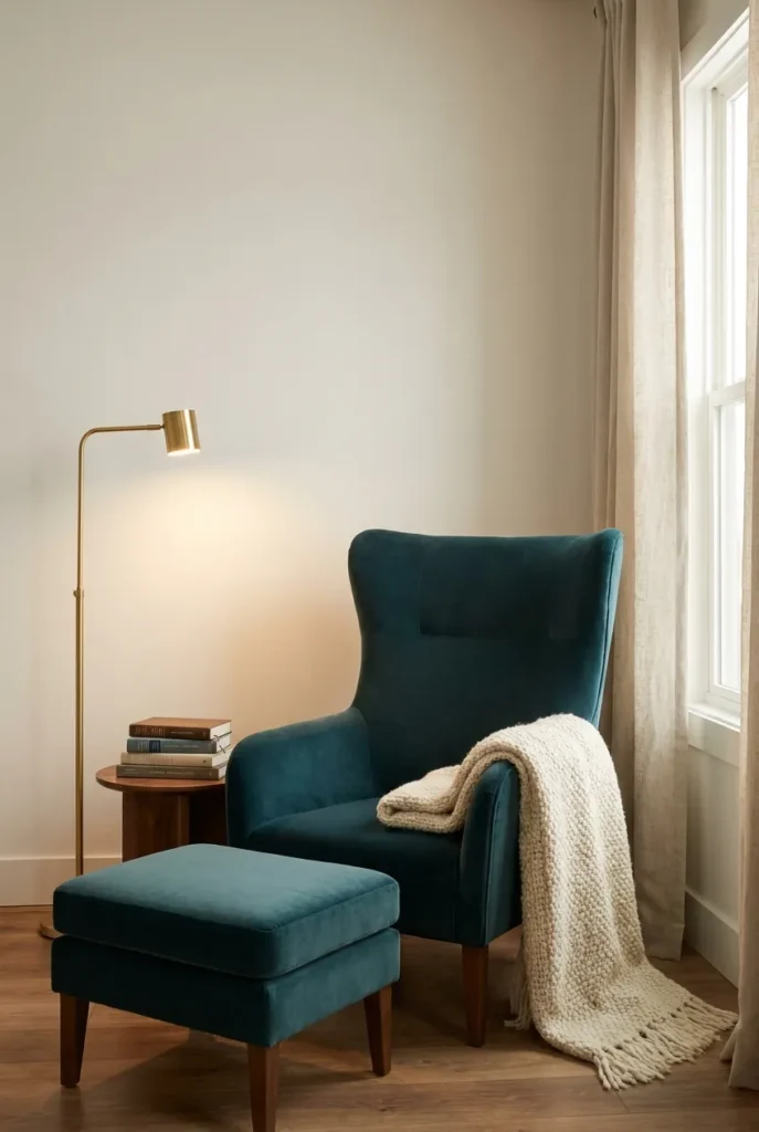 Teal accent chair and ottoman set 18 inches from the wall in a cozy reading room.