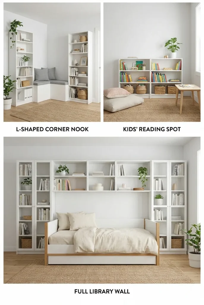 Three Billy bookcase reading nook variations including corner, kids, and library wall setups.