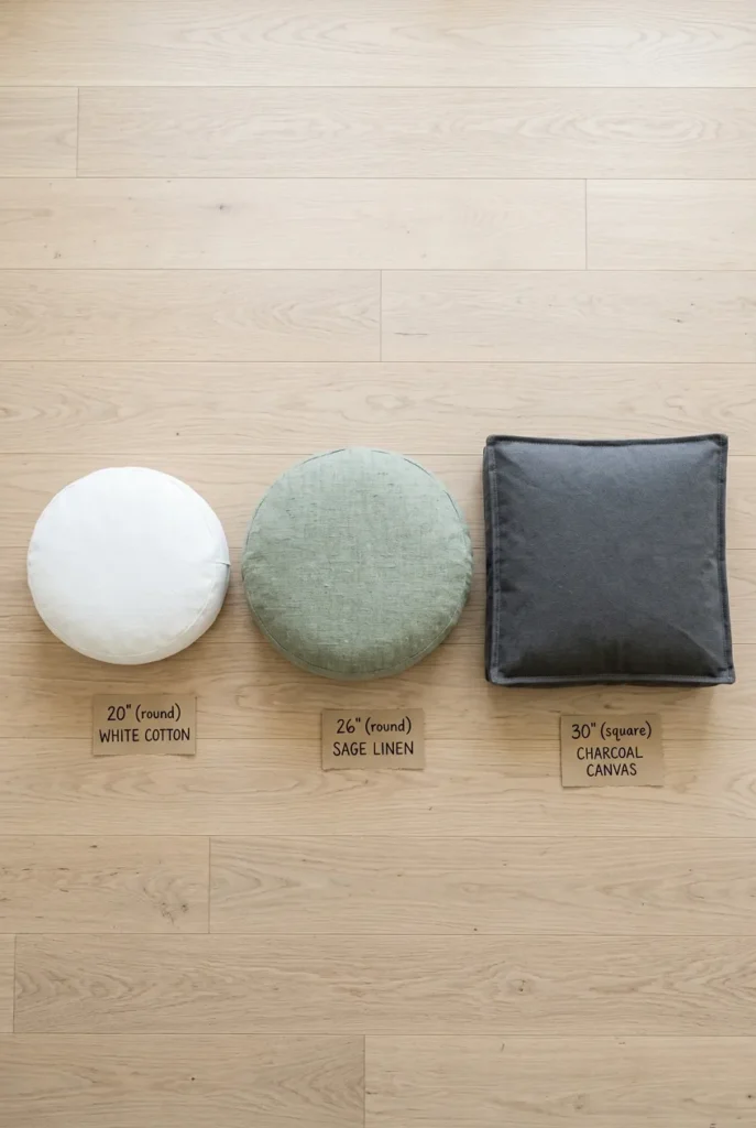 Three floor cushion sizes for reading nooks shown side by side with measurement labels on a light wood floor.