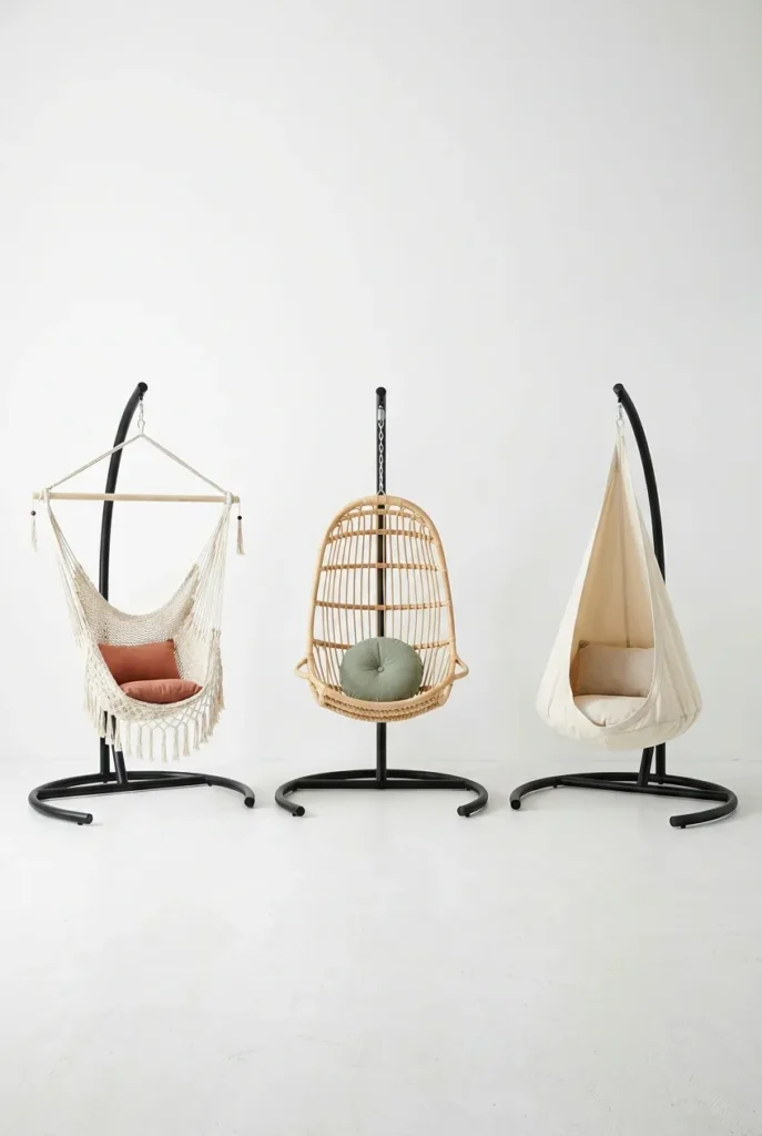 Three hammock reading nook chair types side by side on matching stands macrame hammock chair, rattan egg chair, and canvas swing pod.