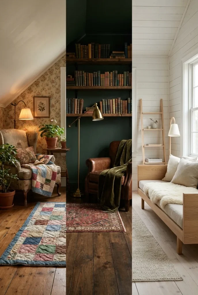 Three loft reading nook styles cottagecore, dark academia, and Scandinavian under sloped ceilings.