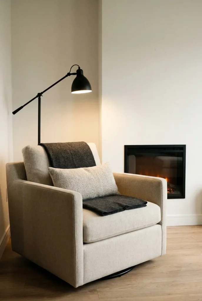 Three-piece fireplace reading nook with an angled armchair, swing-arm lamp, and wool throw.