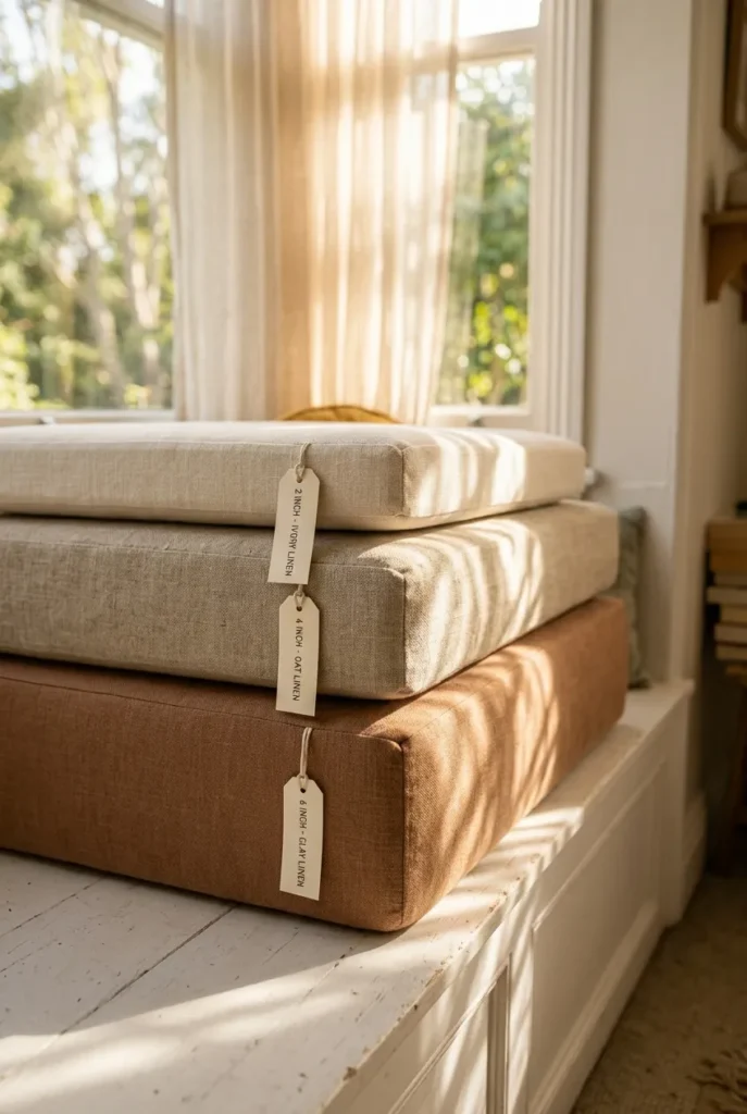 Three reading bench cushions stacked side by side showing 2-inch, 4-inch, and 6-inch foam height comparison.