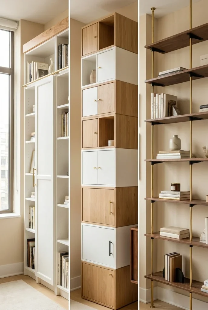 Three reading nook bookcase wall builds in one living room Billy with pine trim, cube stack, and tension shelves.