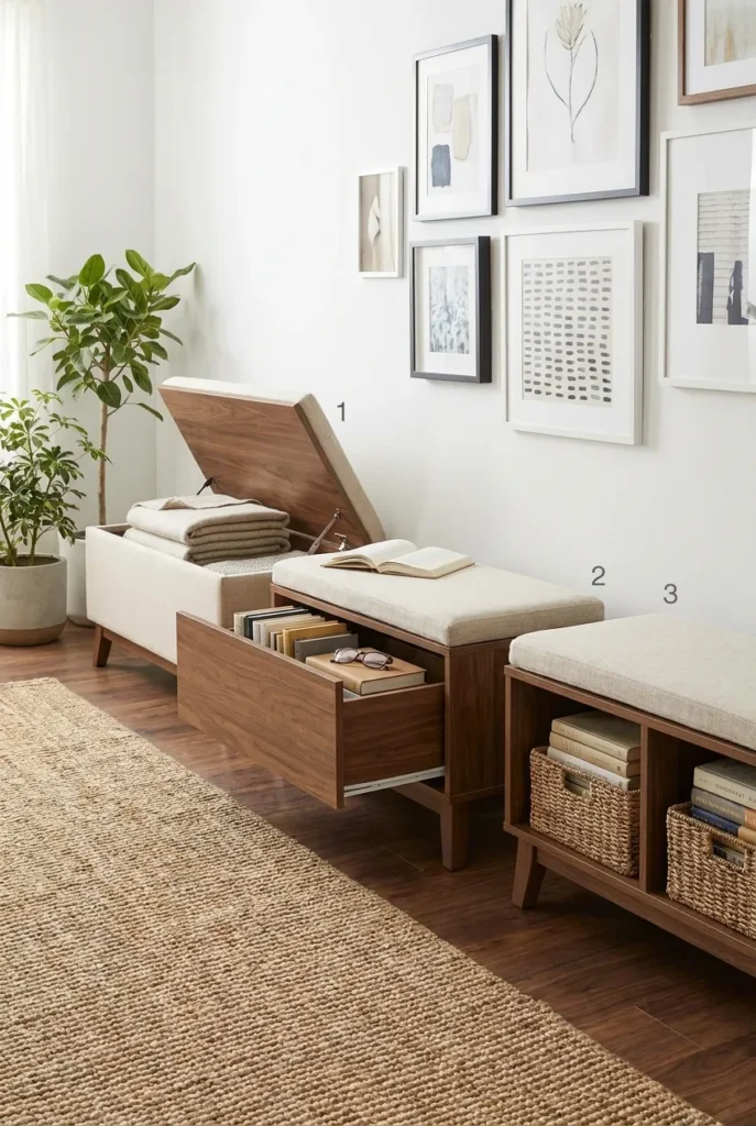 Three reading nook hidden storage benches showing lift-top, drawer, and tuck-under options.
