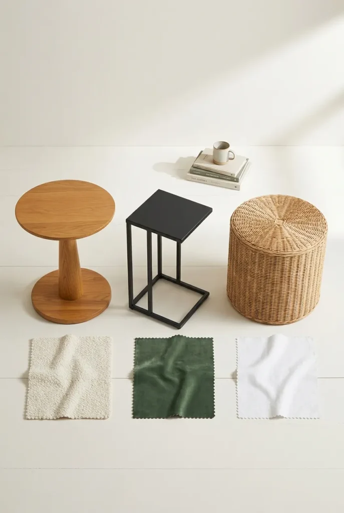 Three reading nook side table styles paired with matching armchair fabric swatches in a flat-lay layout.
