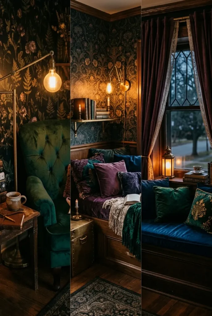 Three romantasy reading nook archetypes velvet chair, daybed den, and window seat court.