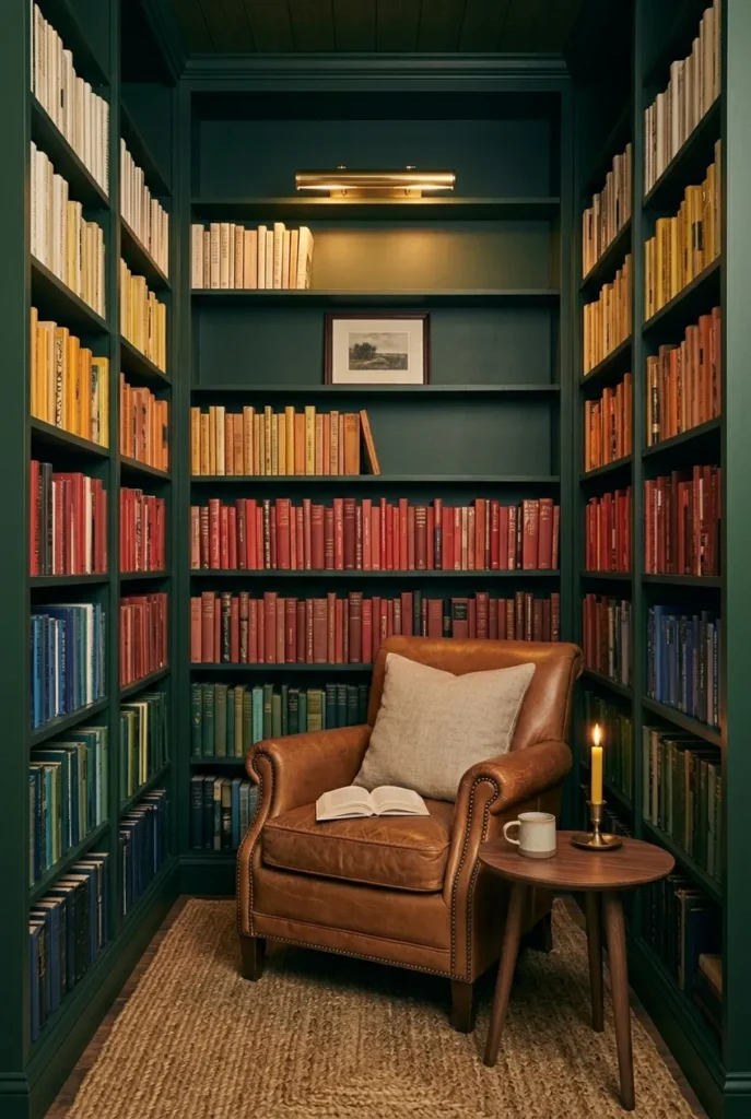 Three-sided bookcase wrap creating an alcove feel in a no-window reading nook.
