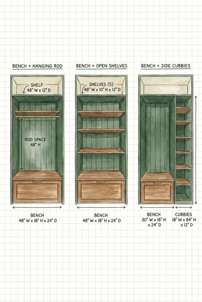 Three wardrobe reading nook layout sketches showing bench heights and storage above.