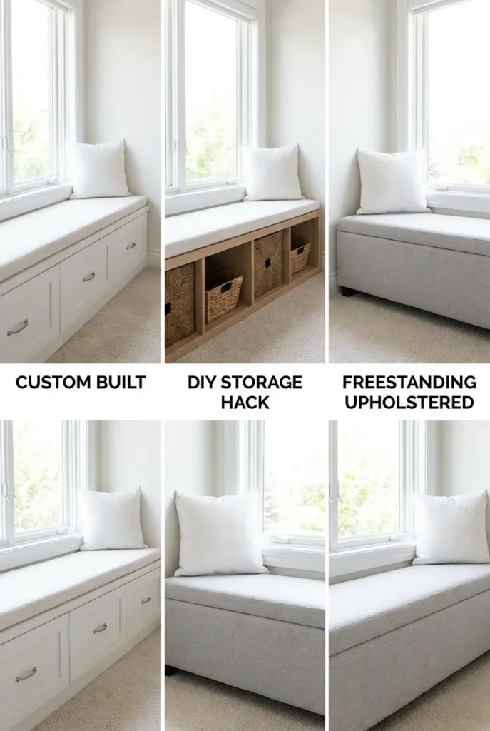 Three window reading nook bench options built-in, IKEA Kallax hack, and freestanding bench.