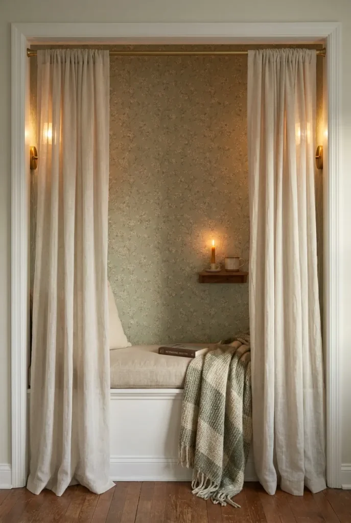 Tiny reading nook closet conversion with sheer curtains, sage wallpaper, brass sconces, and bench cushion.