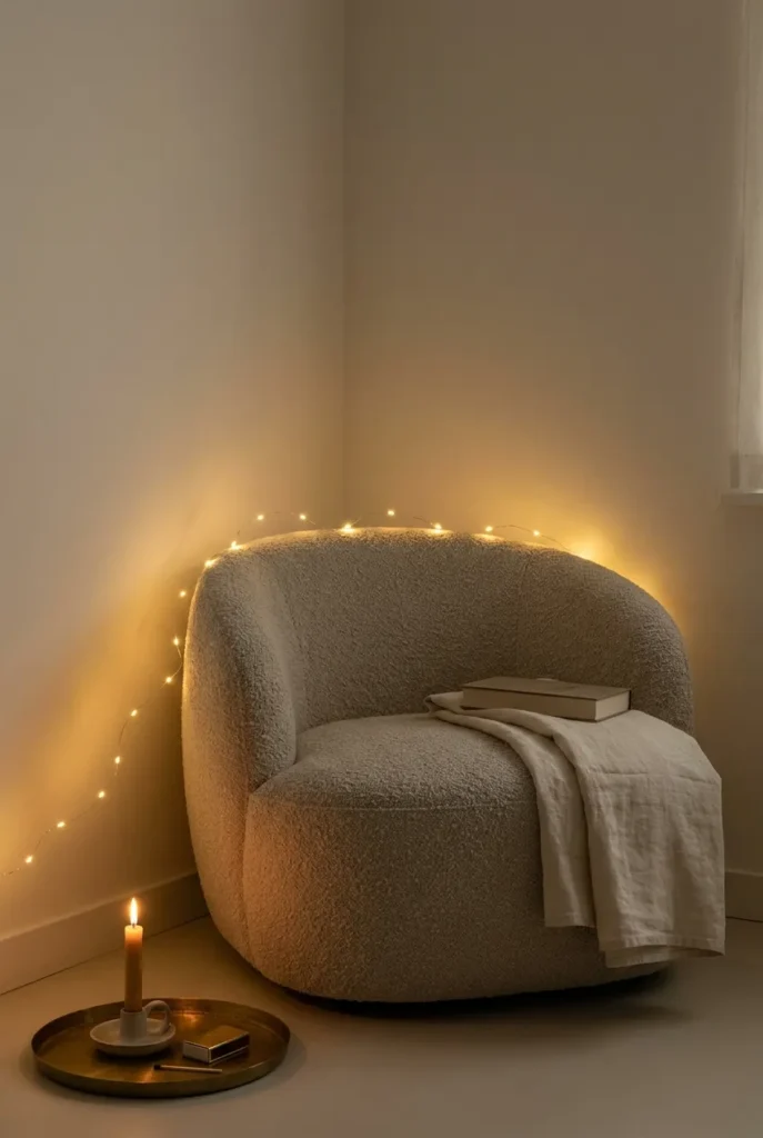 Tiny reading nook fairy light cocoon for adults with boucle armchair, warm LED string lights, and brass tray at night.
