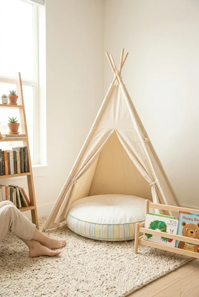 Toddler reading nook with small round floor cushion inside a cotton teepee tent and face-out book shelf at child height.