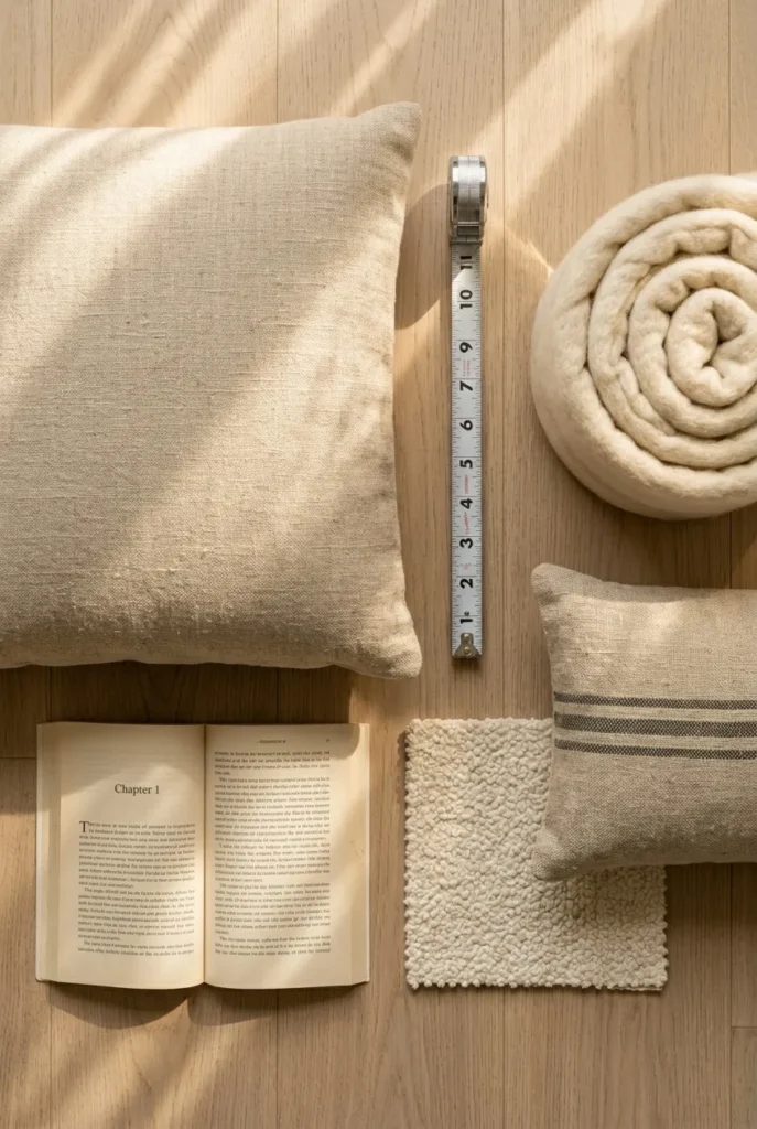 Top-down flat lay of reading nook bench cushion, measuring tape, throw, and fabric swatches in warm neutrals.