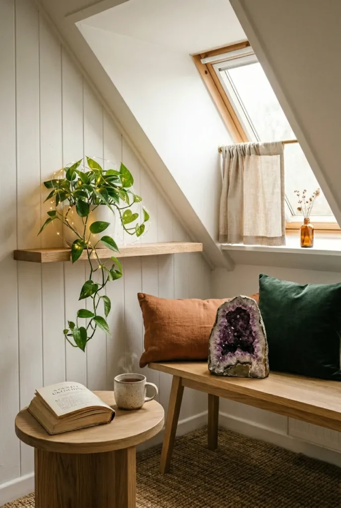 Trailing pothos on attic knee wall shelf beside a linen bench, round wood side table with open book and ceramic mug, and linen café curtain on tension rod in a cozy eaves reading corner.