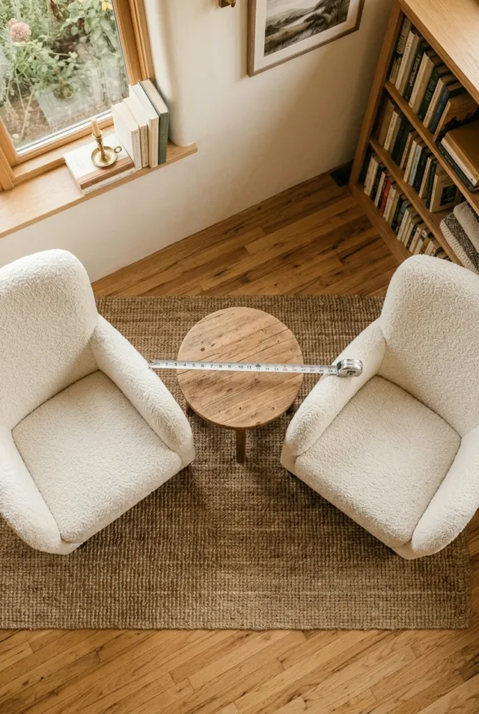 Two-chair reading nook layout showing the 18 to 24 inch gap between armchairs.