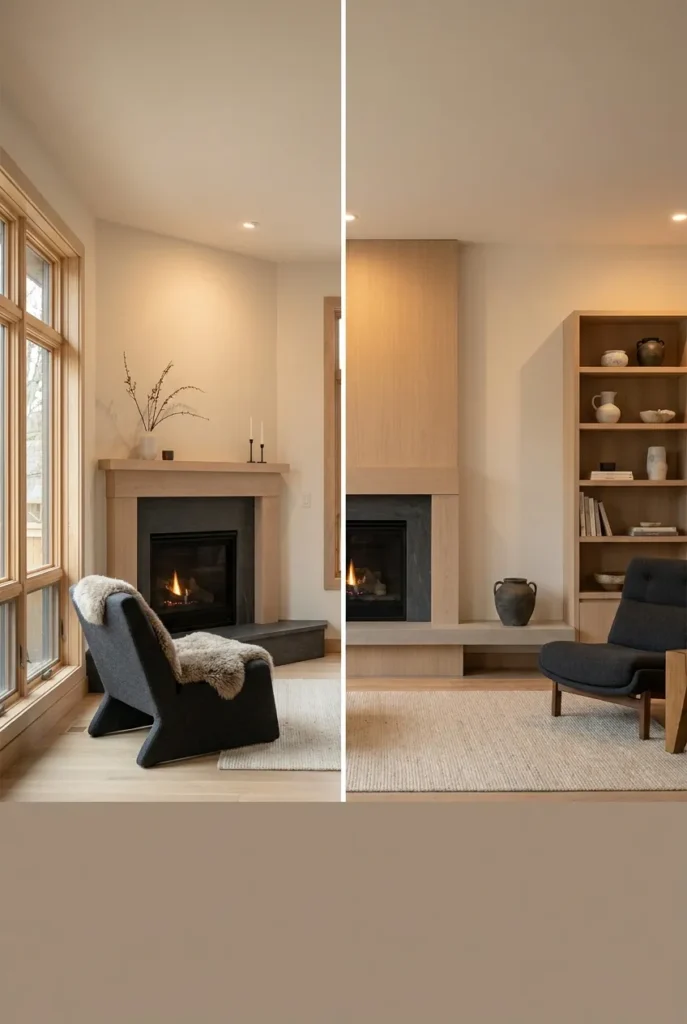 Two fireplace reading nook layouts compared, a corner fireplace and a wall fireplace setup.