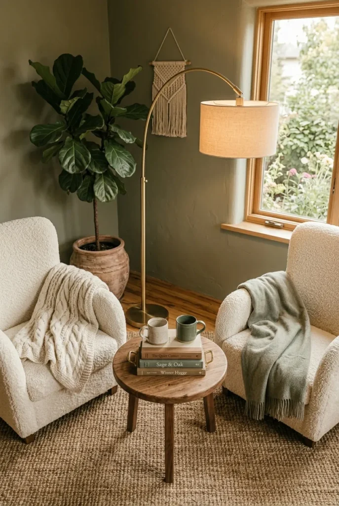 Two matching boucle armchairs angled together as a cozy reading nook for two.