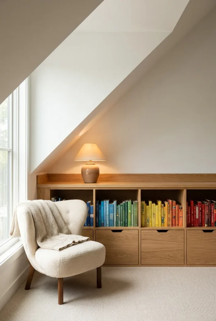 Under-eave loft storage with low cubbies and drawers fitting the sloped ceiling.
