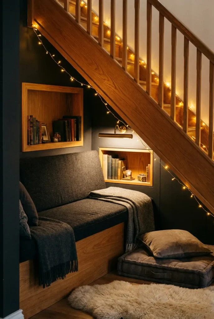 Under-stairs book nook with a cushioned bench, fairy lights, and a picture light over a shelf.