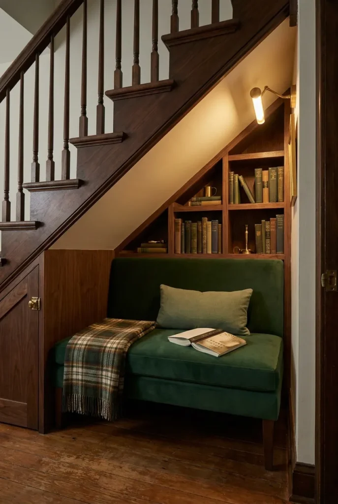 Under-stairs tiny reading nook with forest green bench, brass picture light, and side book cubbies in dark academia style.
