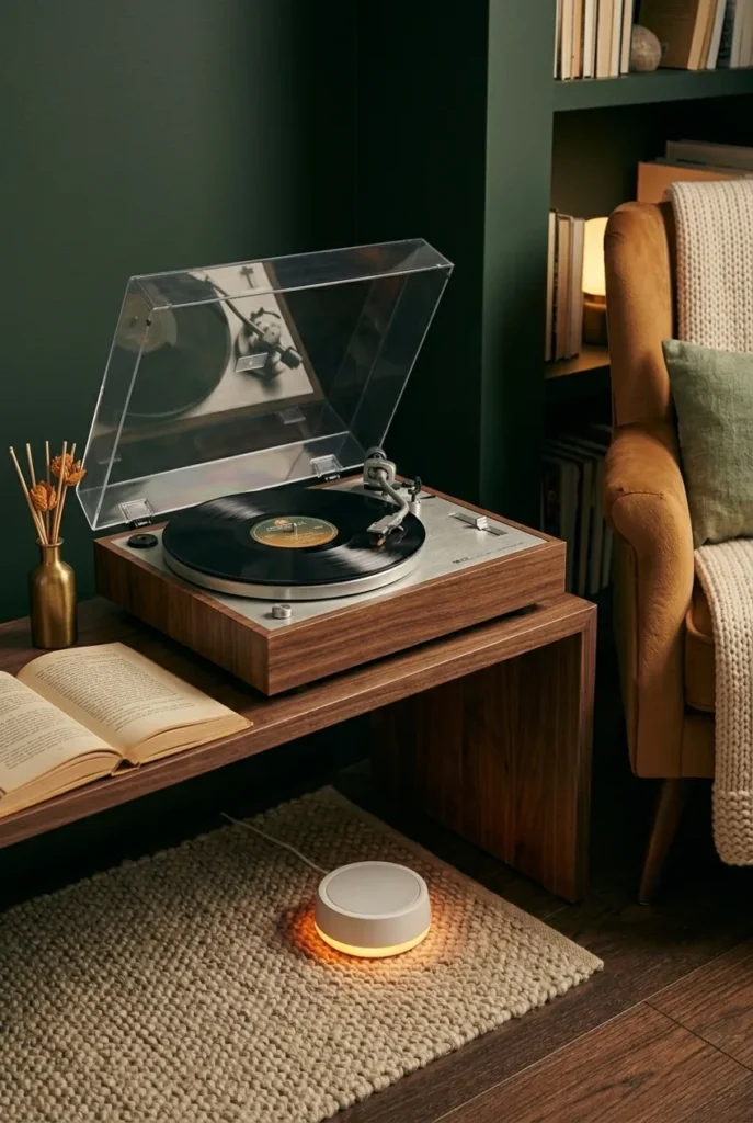 Vinyl record player and sound layering in a windowless reading nook setup.