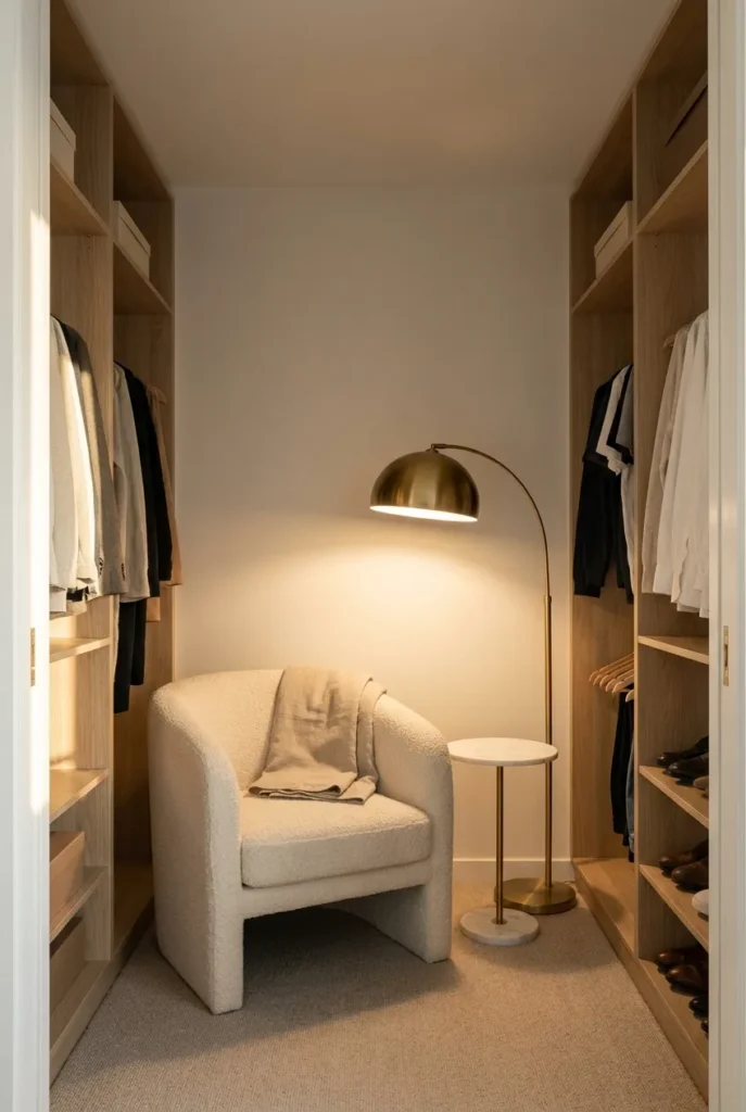 Walk-in wardrobe reading nook with boucle chair, brass lamp and hanging storage on side walls.
