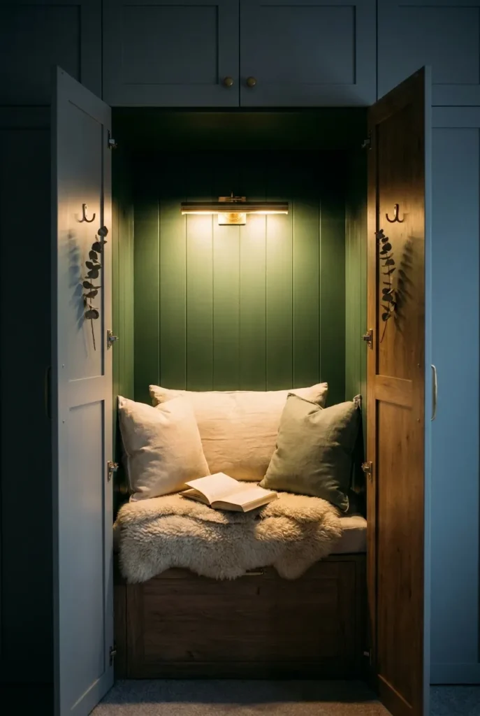 Wardrobe doors open to reveal a glowing reading nook interior with brass hooks and styled details.
