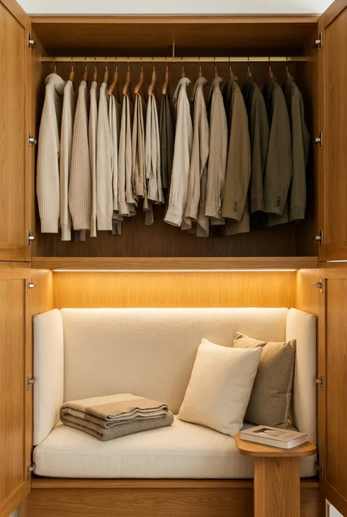 Wardrobe split with clothes above and a cushioned reading nook below.