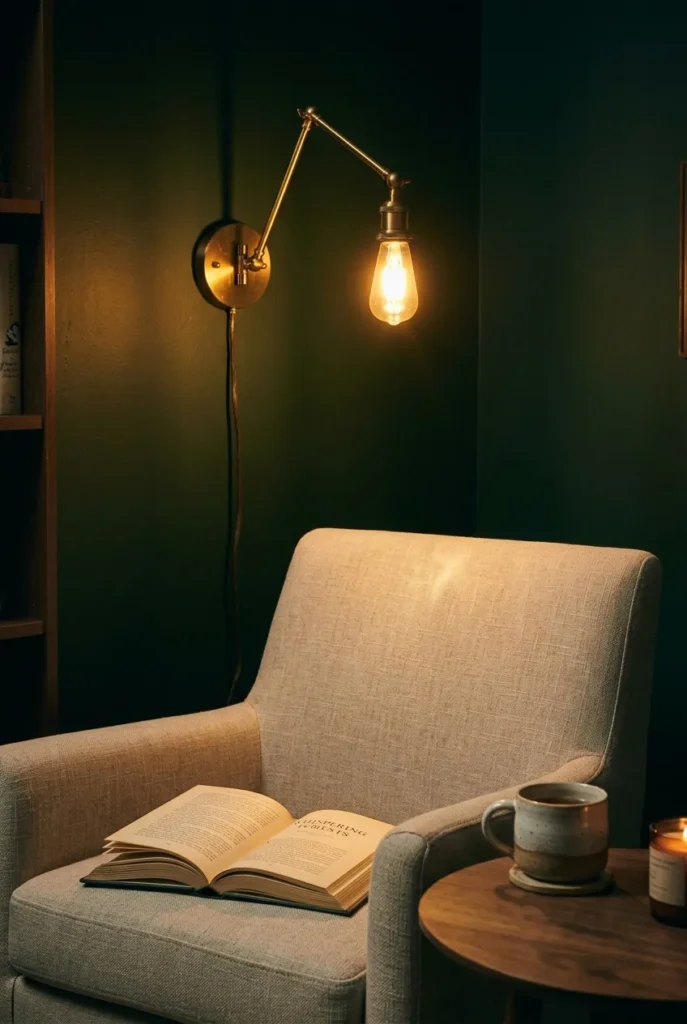 Warm 2700K plug-in sconce lighting a hardcover book in a windowless reading nook.