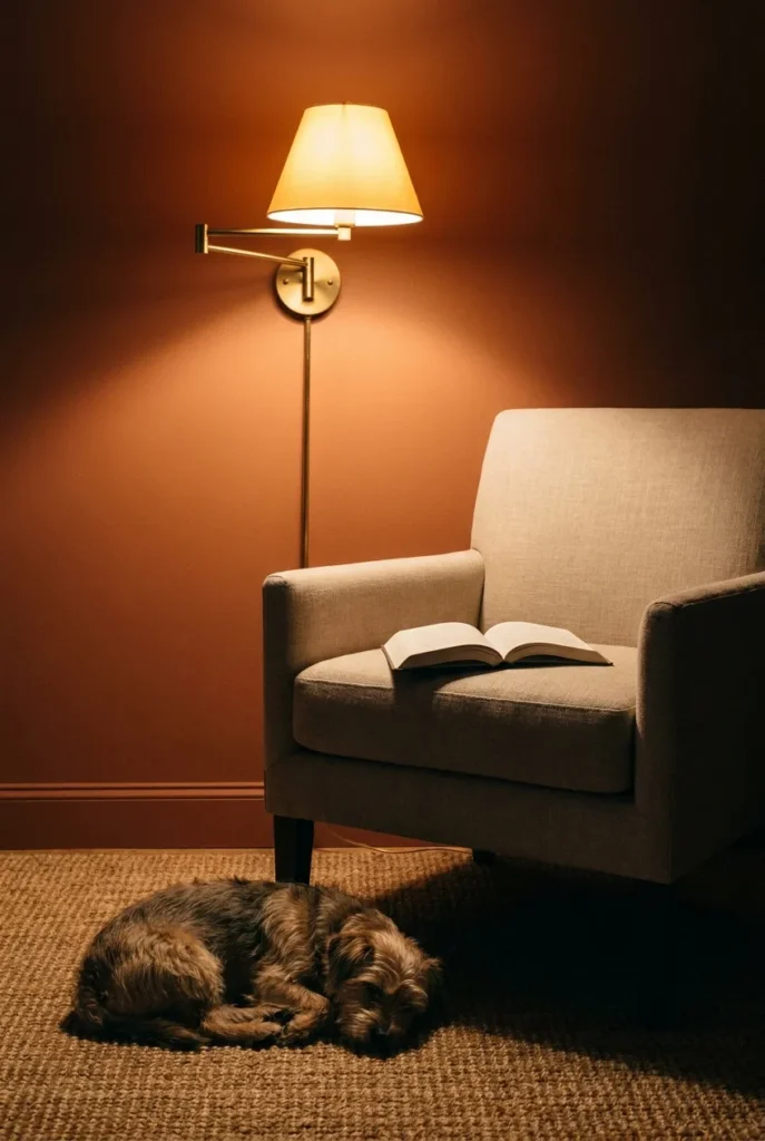 Warm 2700K sconce glowing in a pet-friendly reading nook with a sleeping dog on a jute rug.