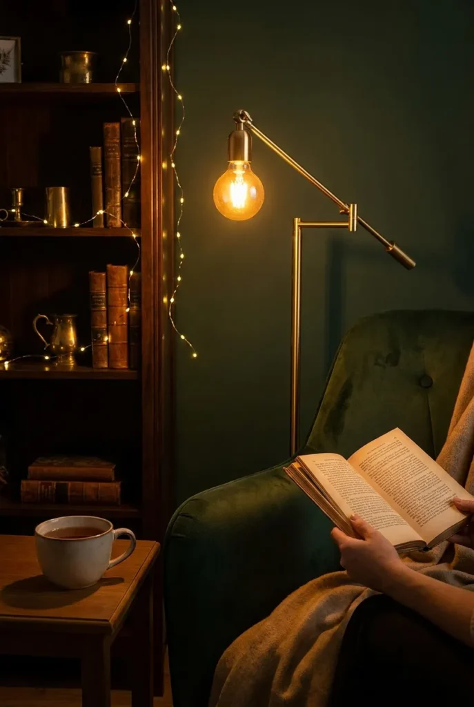 Warm 2700K swing-arm lamp lighting an open book in a moody reading room at night.