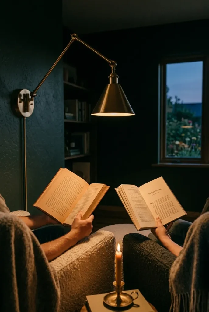 Warm 2700K swing-arm lamp lighting two readers in a cozy double-seat nook at night.