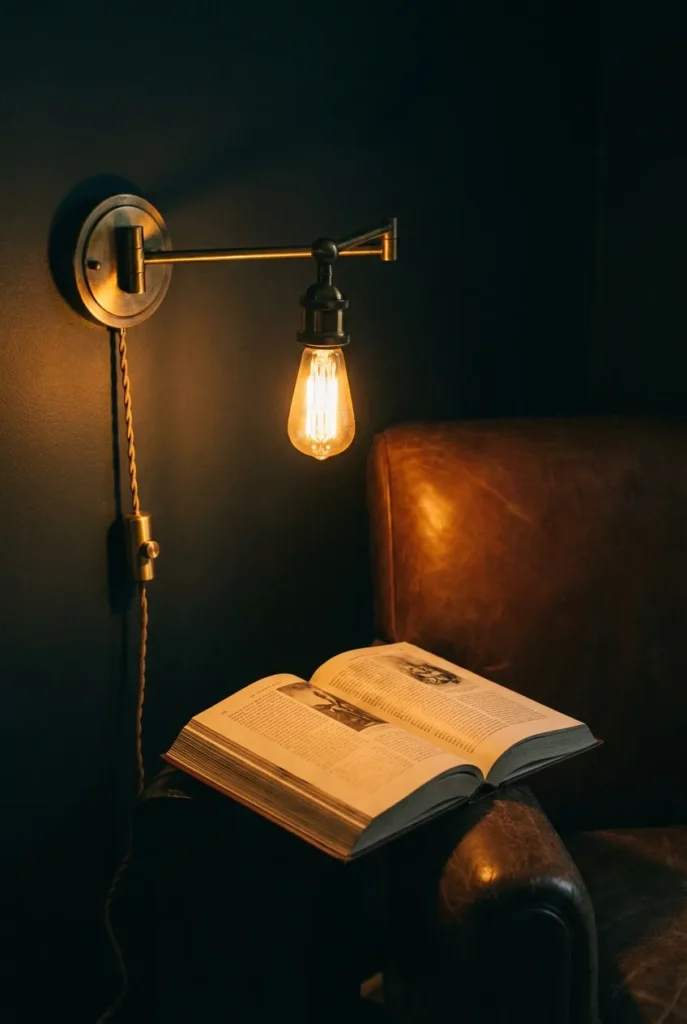 Warm 2700K swing-arm reading lamp casting glare-free light over an open book in a nook.