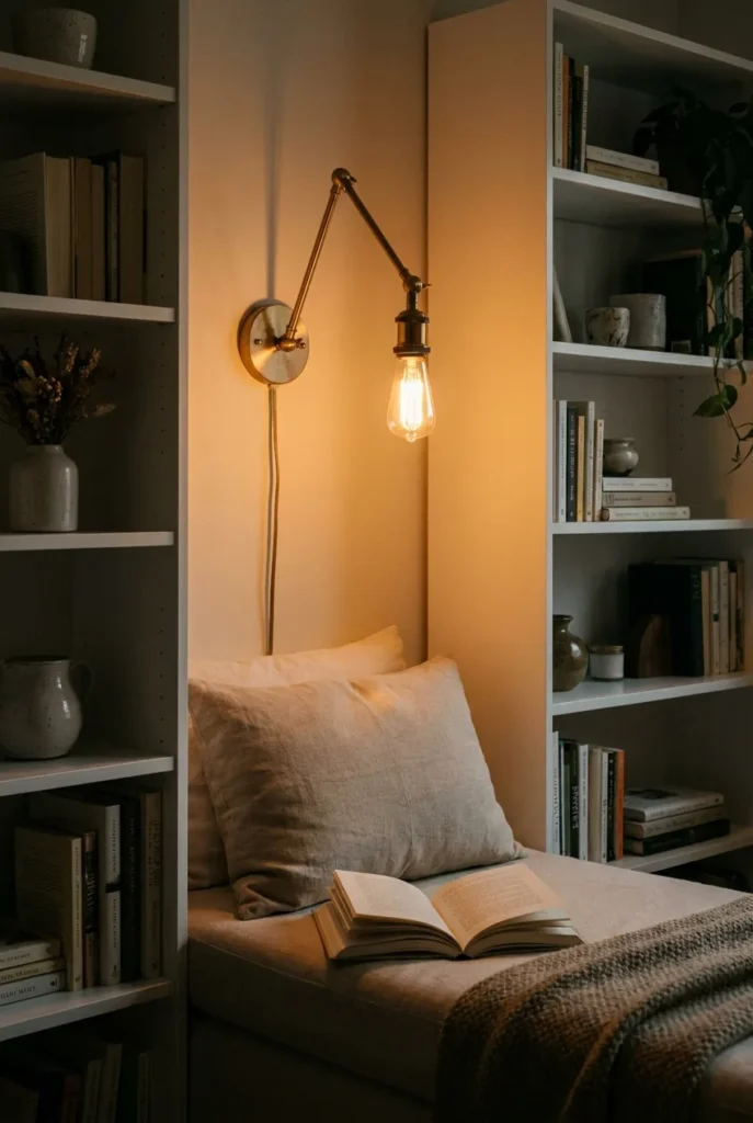 Warm 2700K swing-arm sconce lighting a daybed in a Billy bookcase reading nook at dusk.
