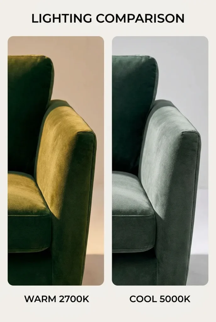 Warm 2700K versus cool light on a velvet reading chair armrest comparison.