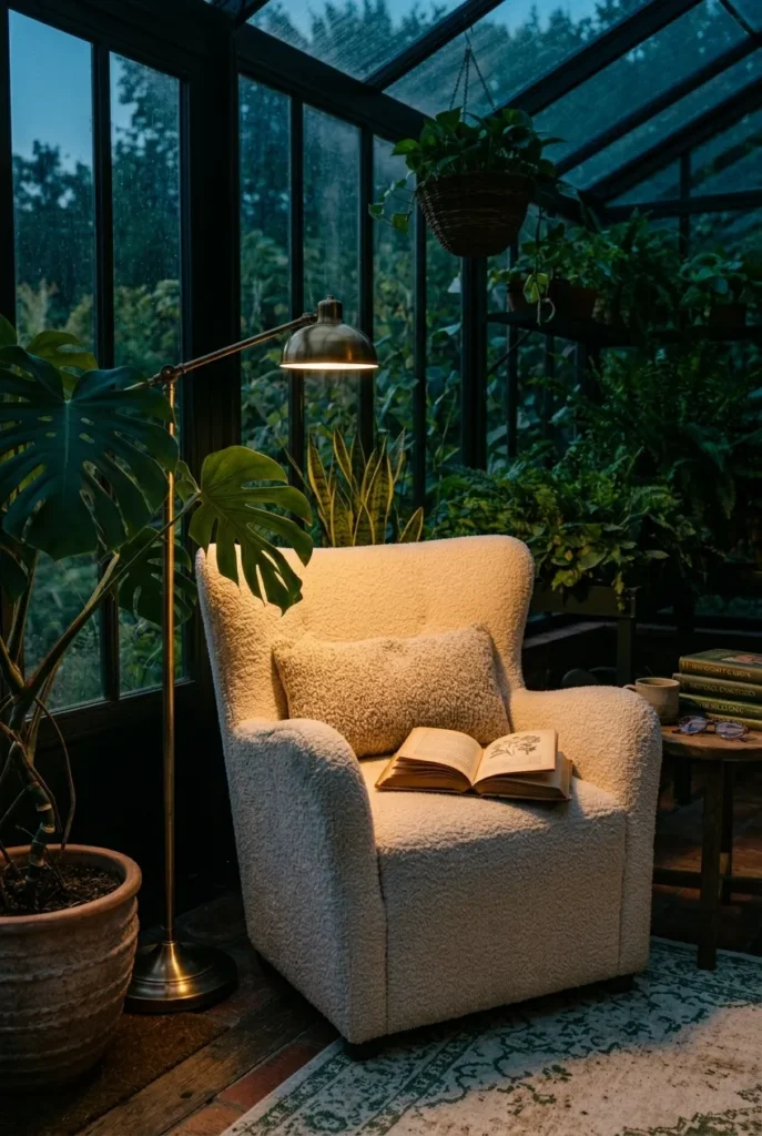 Warm swing-arm lamp lighting an open book in a greenhouse reading nook at dusk beside silhouetted plants.