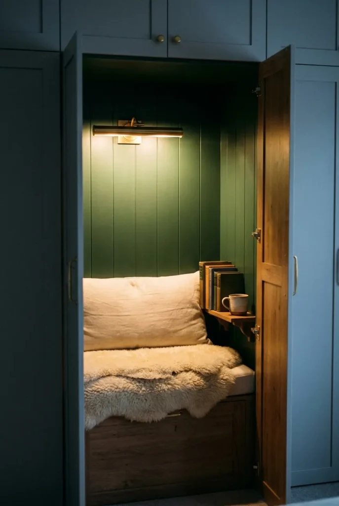 Warmly lit wardrobe reading nook with cushioned bench, brass picture light, and books inside open closet doors.