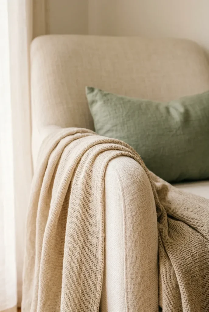 Washed linen throw in oatmeal draped over cream accent chair, light summer reading nook swap with sage green lumbar pillow.