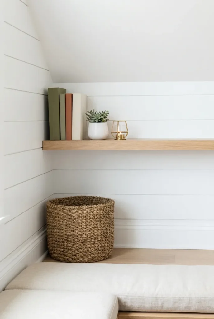 White shiplap attic knee wall floating shelf at 40 inches displaying hardcover books, ceramic succulent, and brass candle beside a seagrass storage basket in a Scandinavian reading nook.