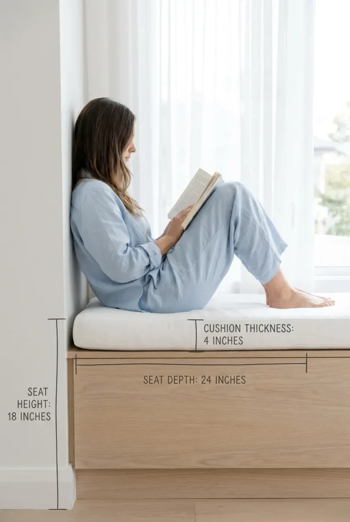 Window reading nook dimensions diagram showing seat height, depth, and cushion thickness.