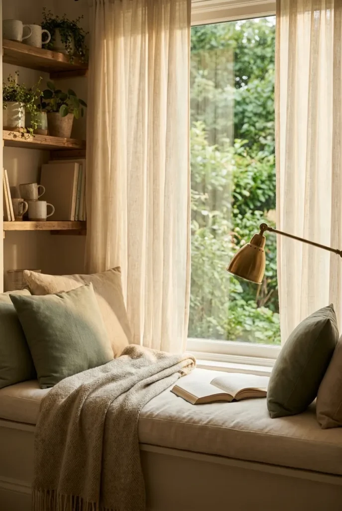 Window seat reading nook with view, linen cushion, wool throw, and brass lamp in soft afternoon light.