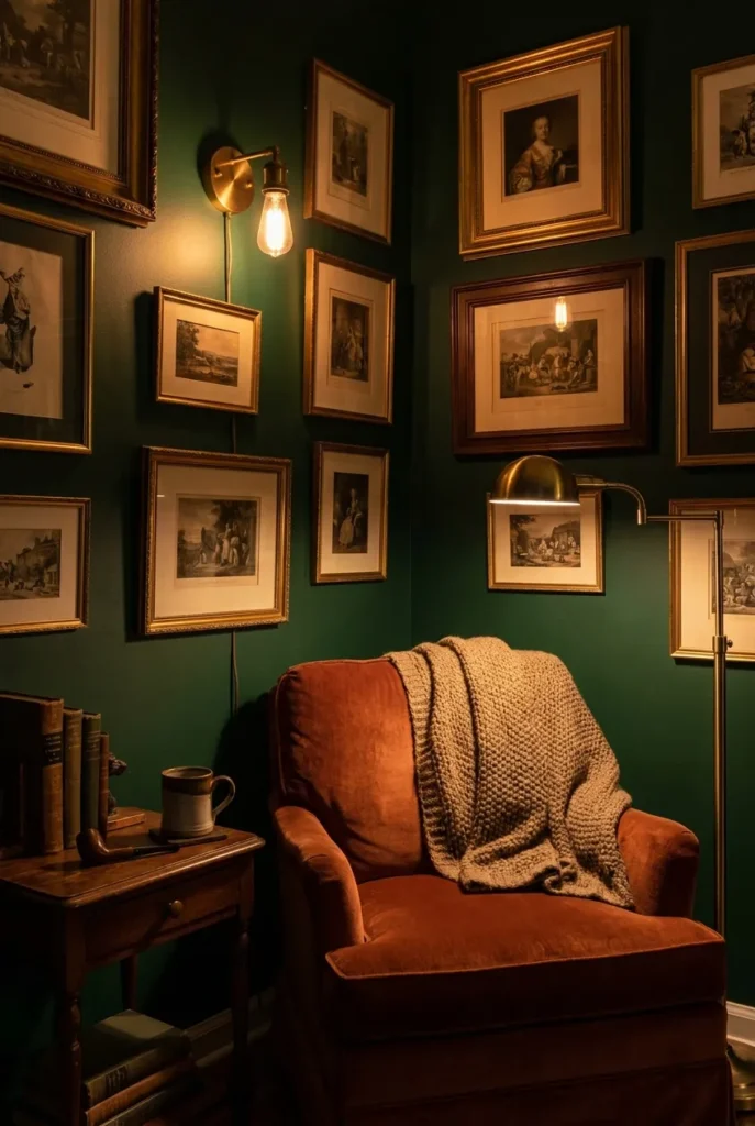 Windowless book nook lit with a warm sconce and swing-arm lamp against a deep green focal wall.