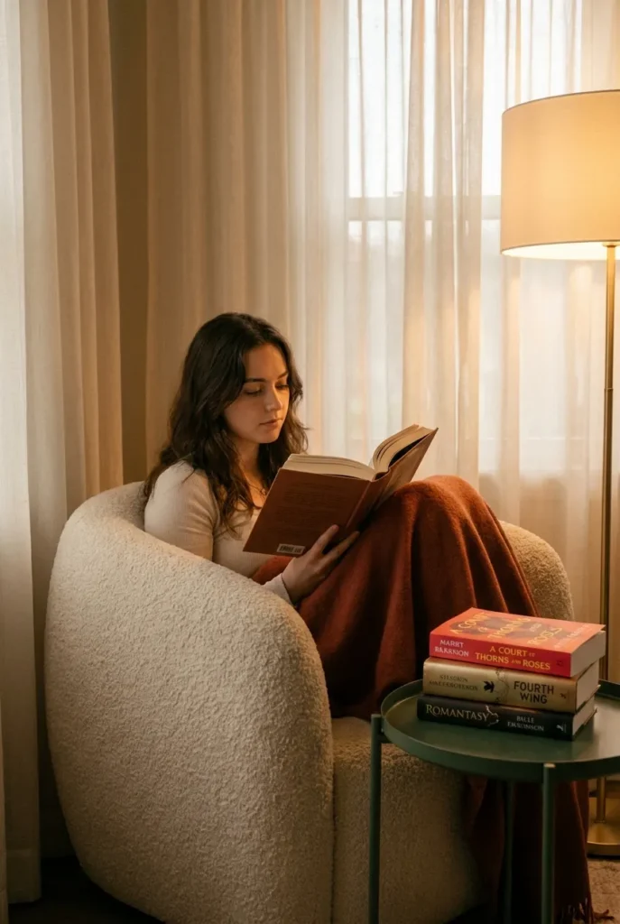 Woman reading in a cozy BookTok reading nook with warm lamplight and a boucle chair.