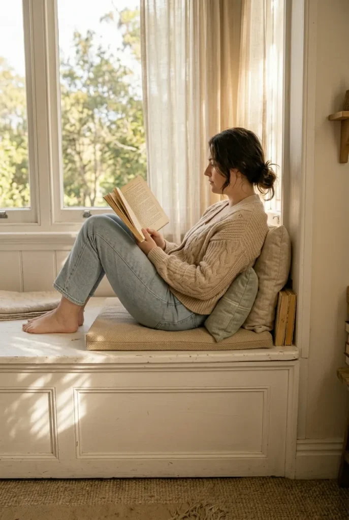 Woman reading on a window seat with a 4-inch bench cushion and lumbar pillow showing correct reading posture support.